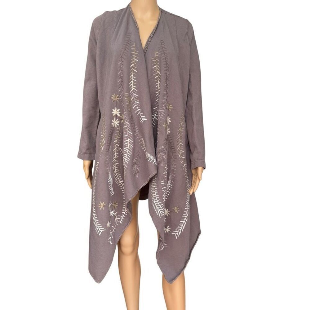 XCVI Cardigan Open Front Boho Embroidered Waterfall Pockets Size S grey taupe